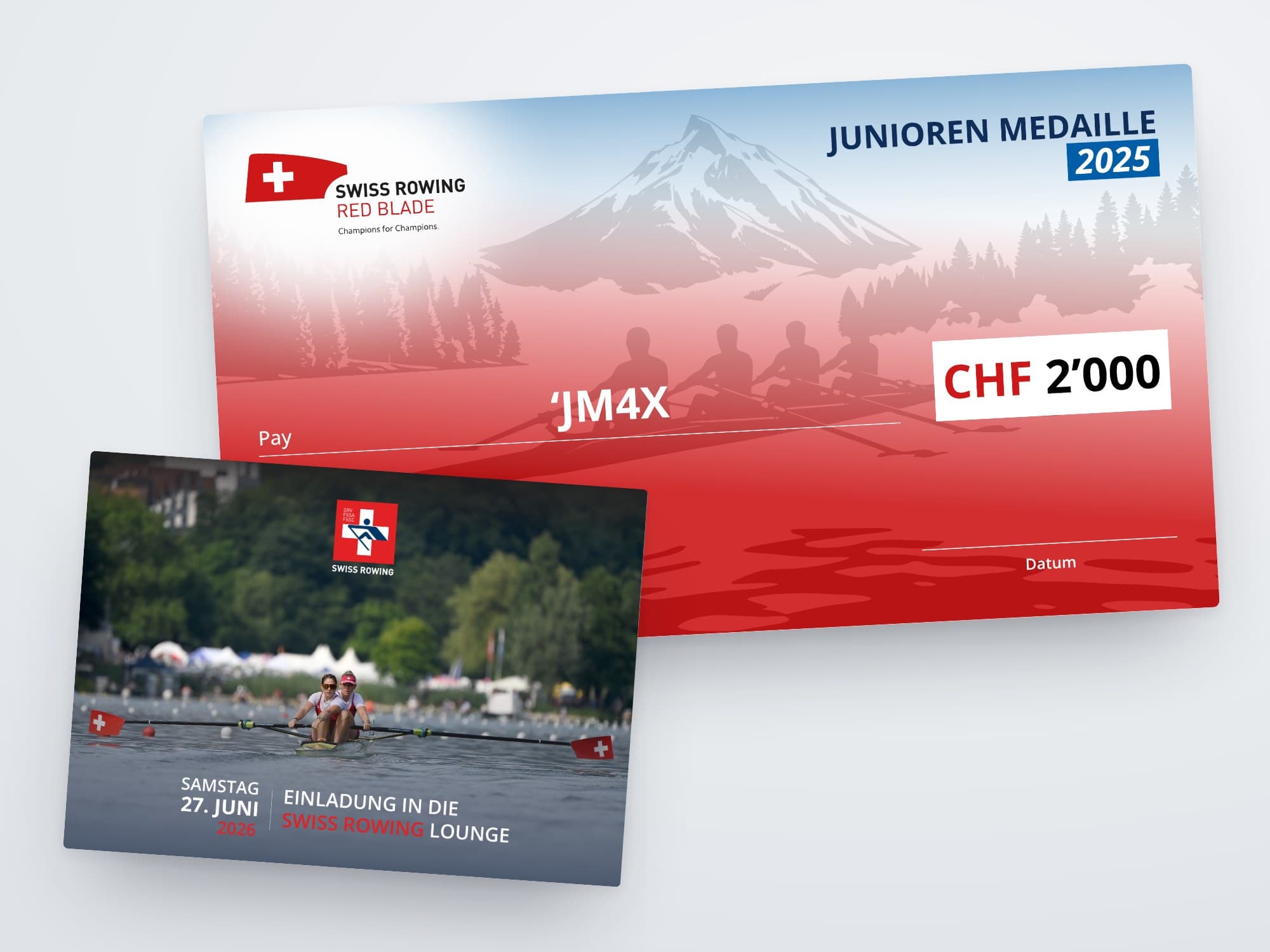 Swiss Rowing print designs: the Junior Medal winner's voucher and the Swiss Rowing Lounge invitation card