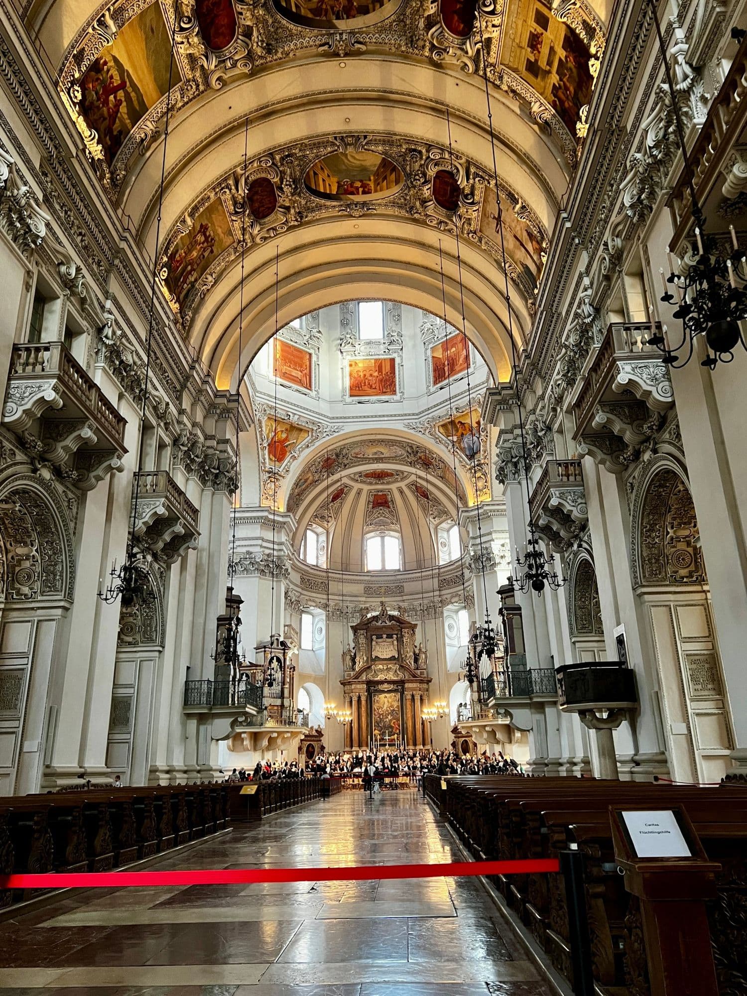 Inside Salzburg Cathedral, looking down the nave to the dome
