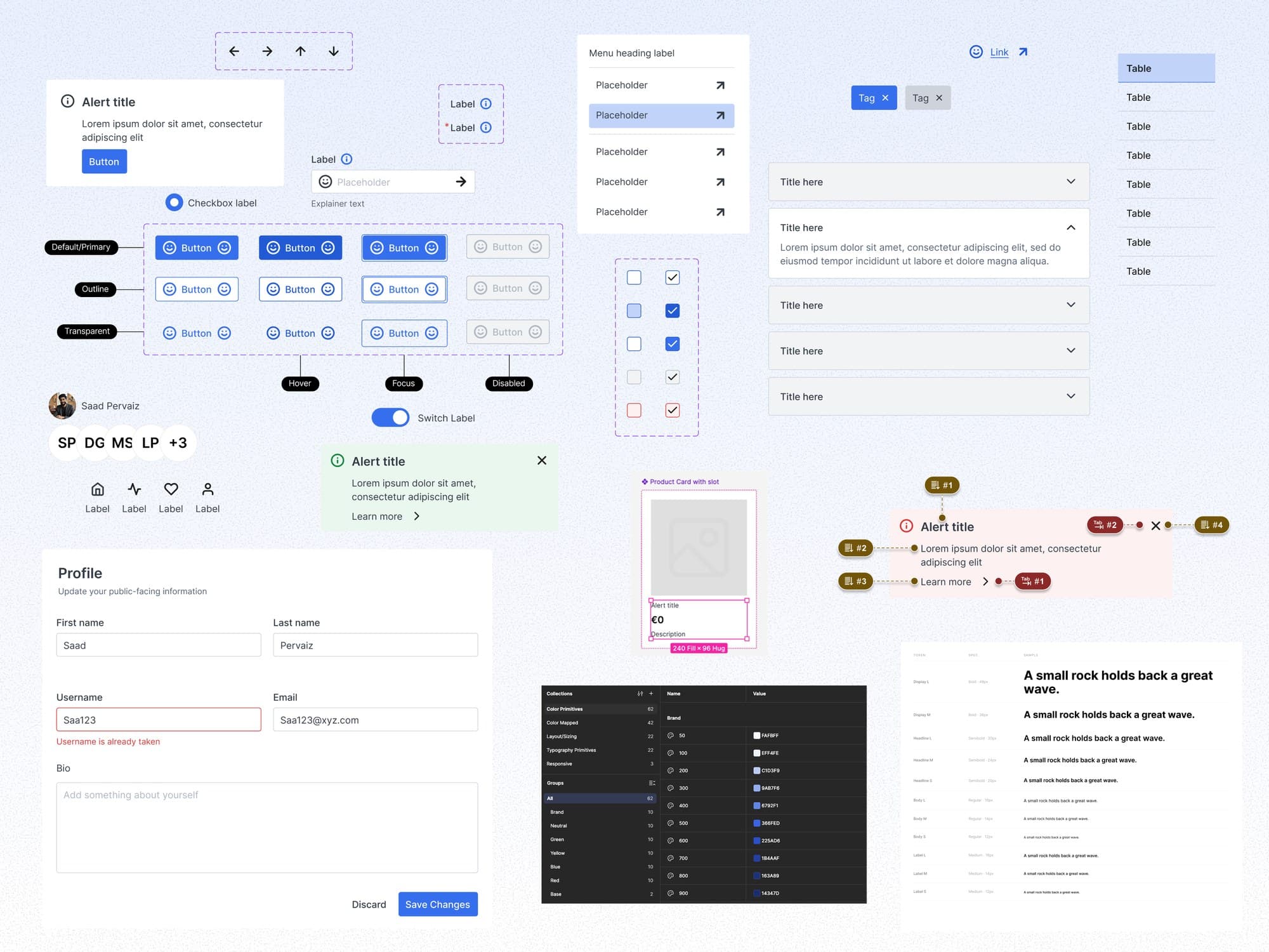 Components from Saad's design system: buttons in every state, inputs, alerts, menus, accordions, color variables and type scale