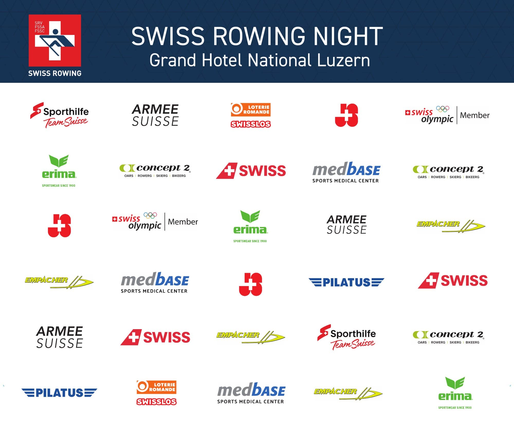 Swiss Rowing Night backdrop with the Swiss Rowing logo and a grid of sponsor logos