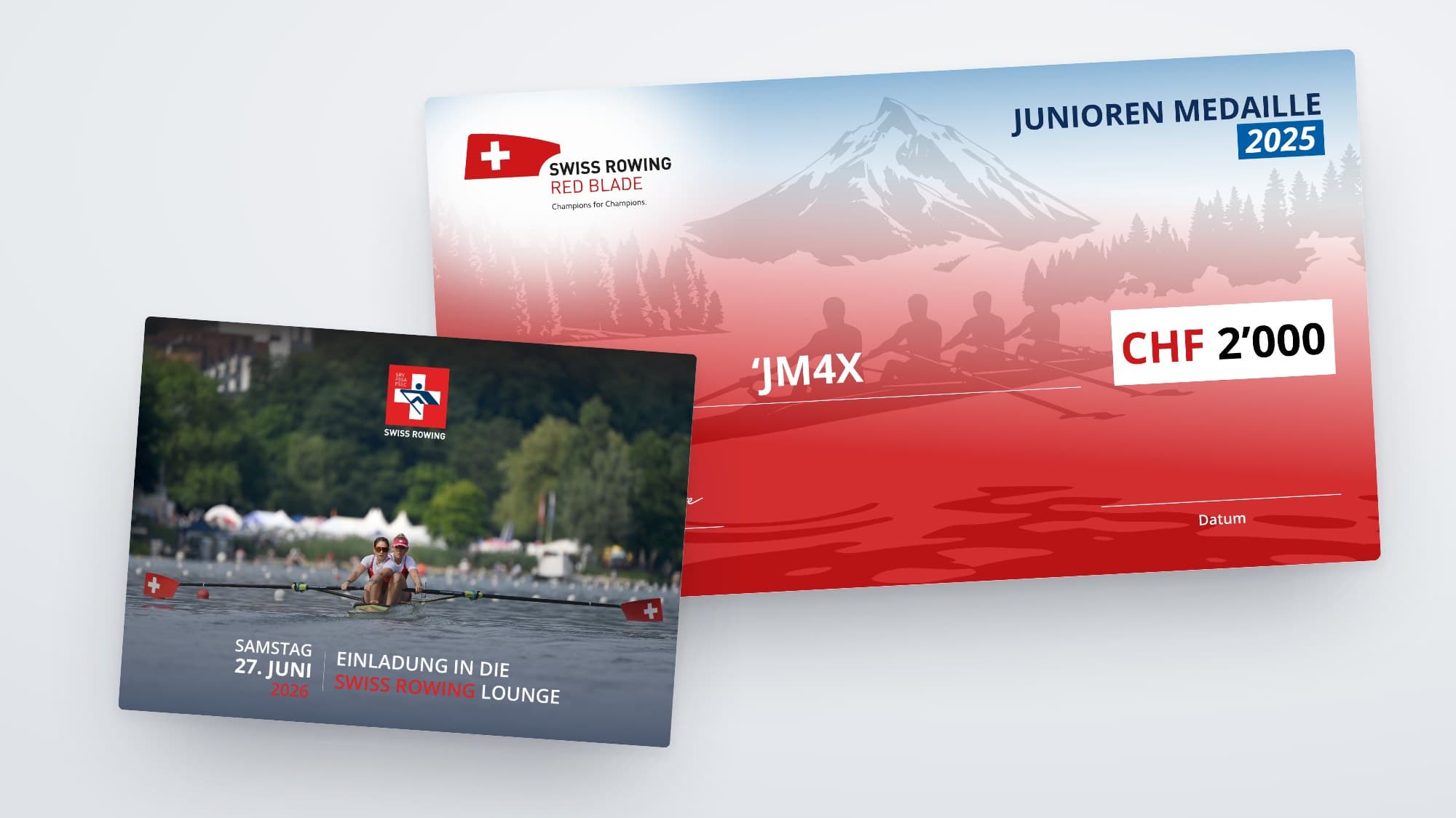 The Junior Medal 2025 winner's voucher and the Swiss Rowing Lounge invitation card