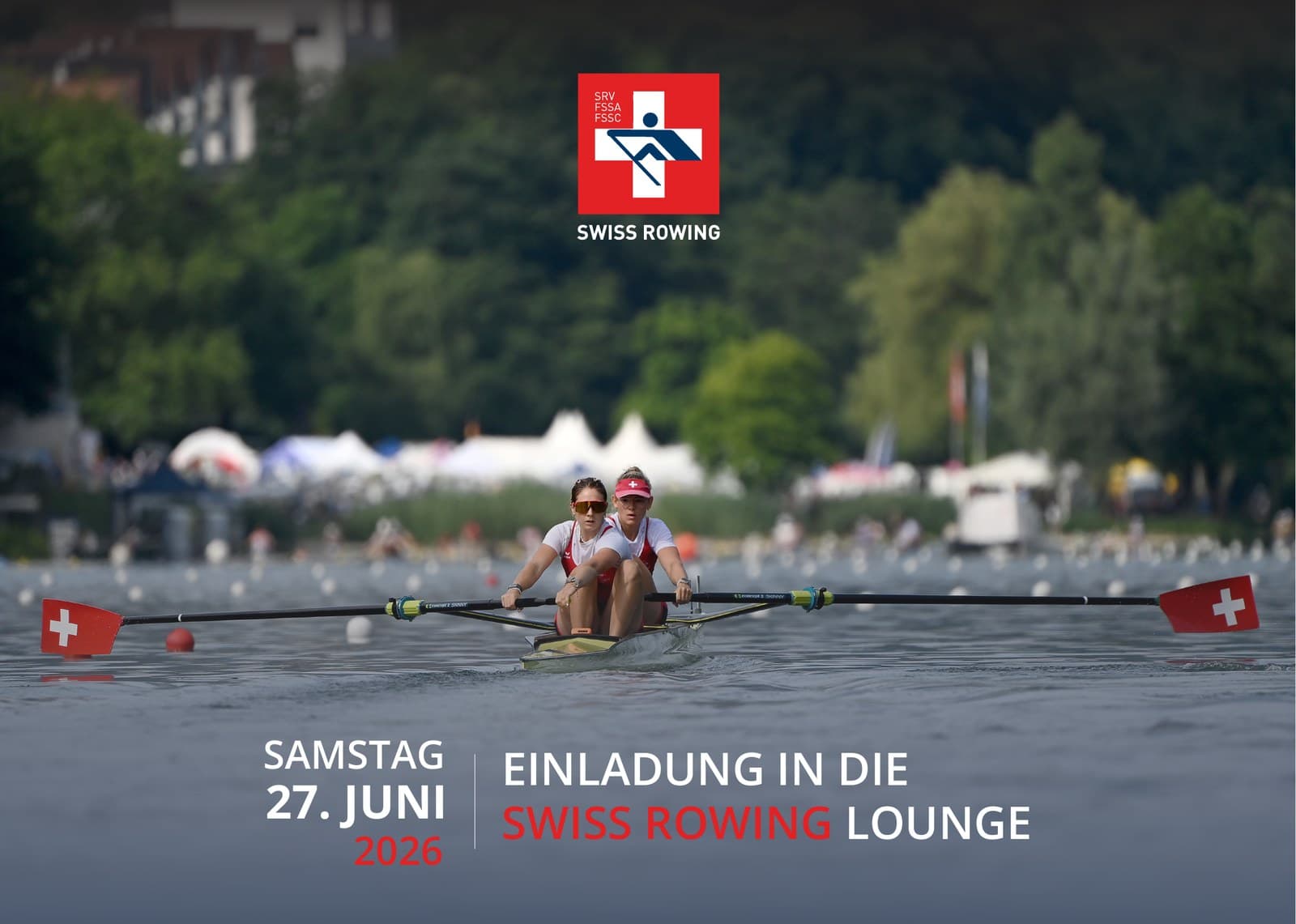 Invitation front: a Swiss double sculls crew racing on the Rotsee, with the event date and title
