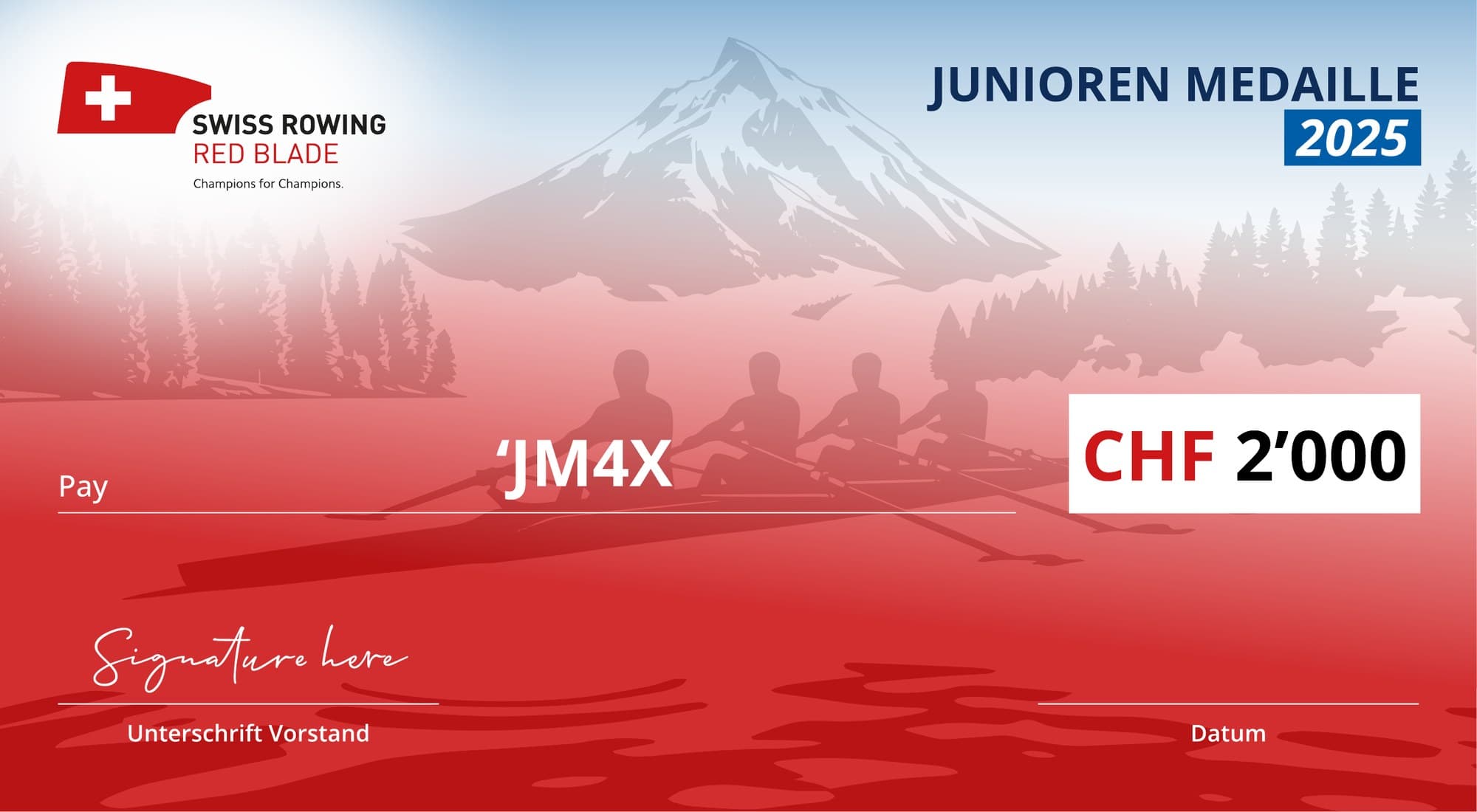Swiss Rowing Red Blade voucher for the Junior Medal 2025, CHF 2'000, with mountains, forest and a rowing crew fading from blue to red