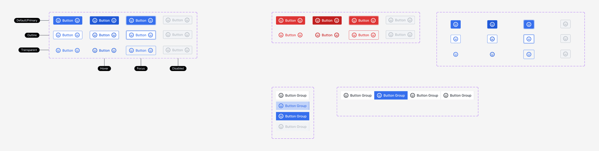 Button variants: primary, outline and transparent across default, hover, focus and disabled, plus destructive, icon buttons and button groups
