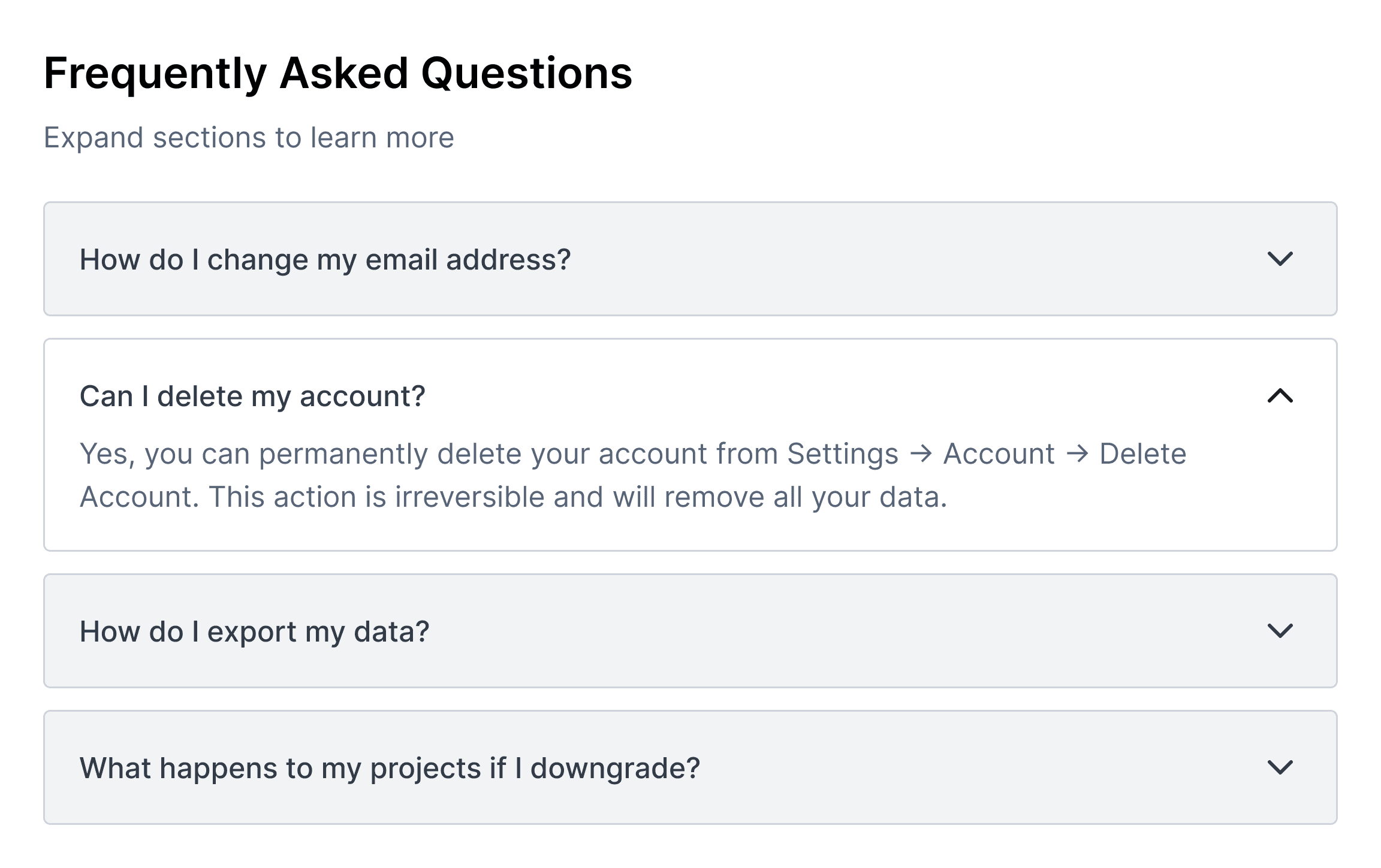 FAQ built from accordion components, one expanded
