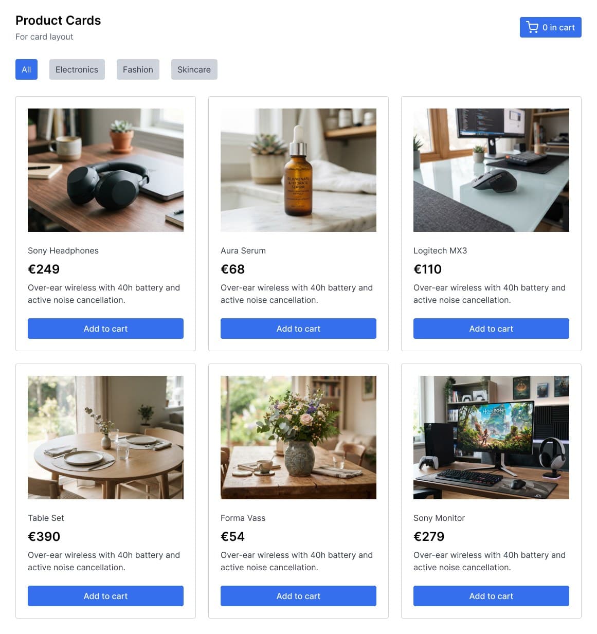 Product card grid with filter tags, prices and Add to cart buttons