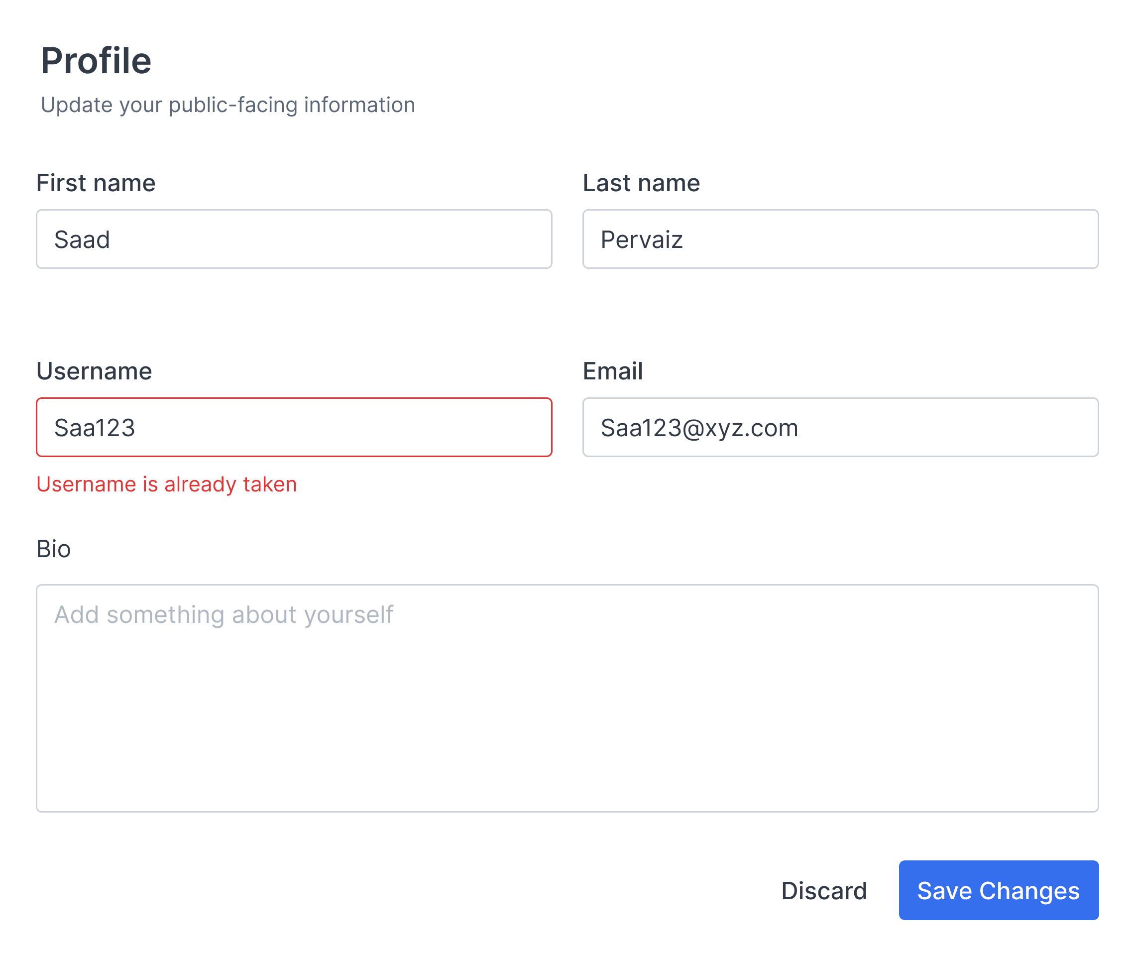 Profile form with first name, last name, a username field showing an error, email, bio and Save and Discard buttons