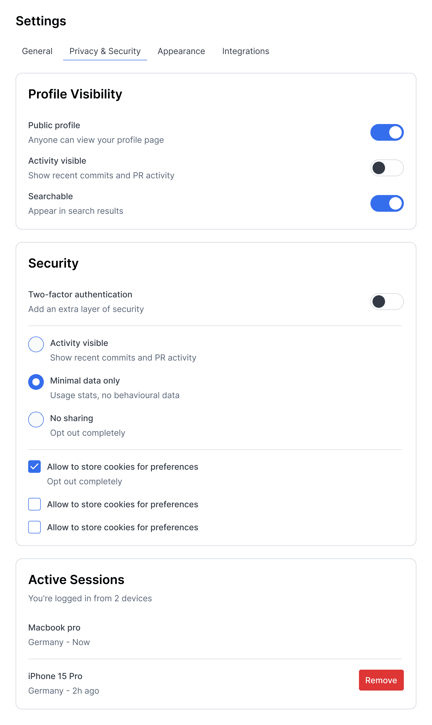 Settings page with tabs, toggles, radio buttons, checkboxes and active sessions