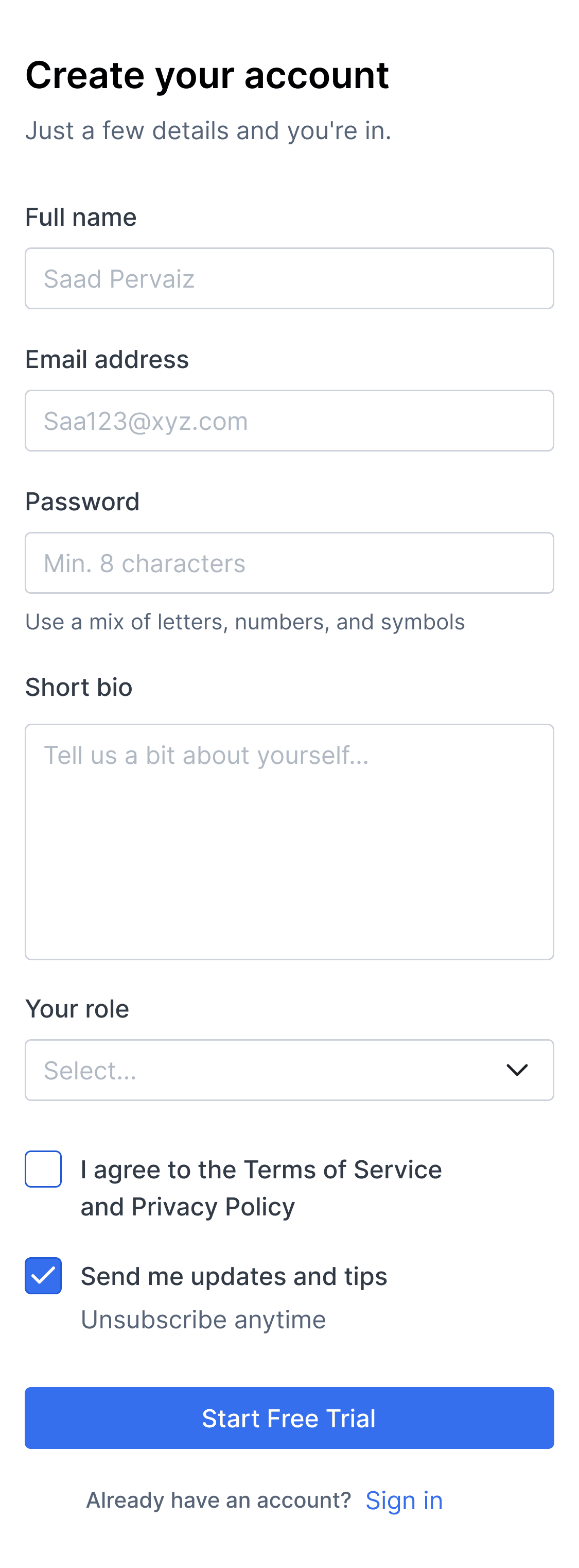 Create account form on mobile with name, email, password, bio, role select, checkboxes and a Start Free Trial button