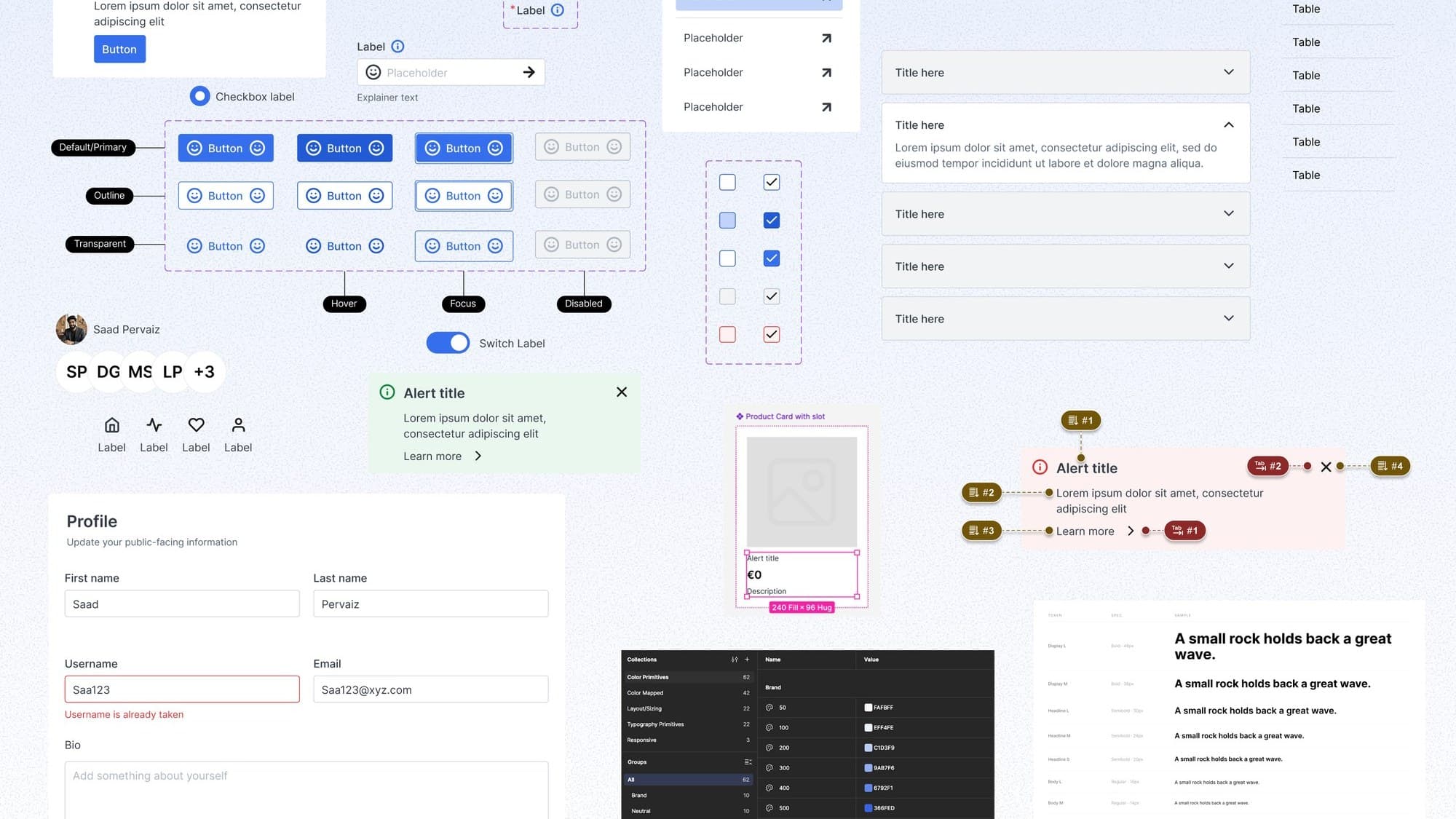 Components from the design system: alerts, menus, buttons in every state, inputs, accordions, a variables panel and the type scale