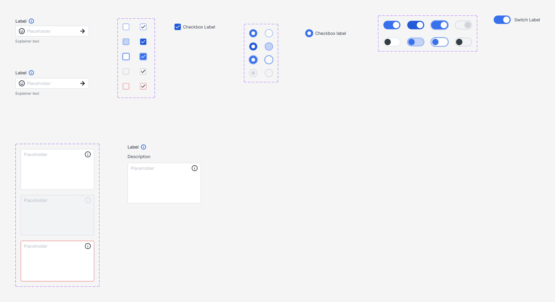 Inputs, checkboxes, radio buttons, switches and text areas in default, hover, focus, disabled and error states